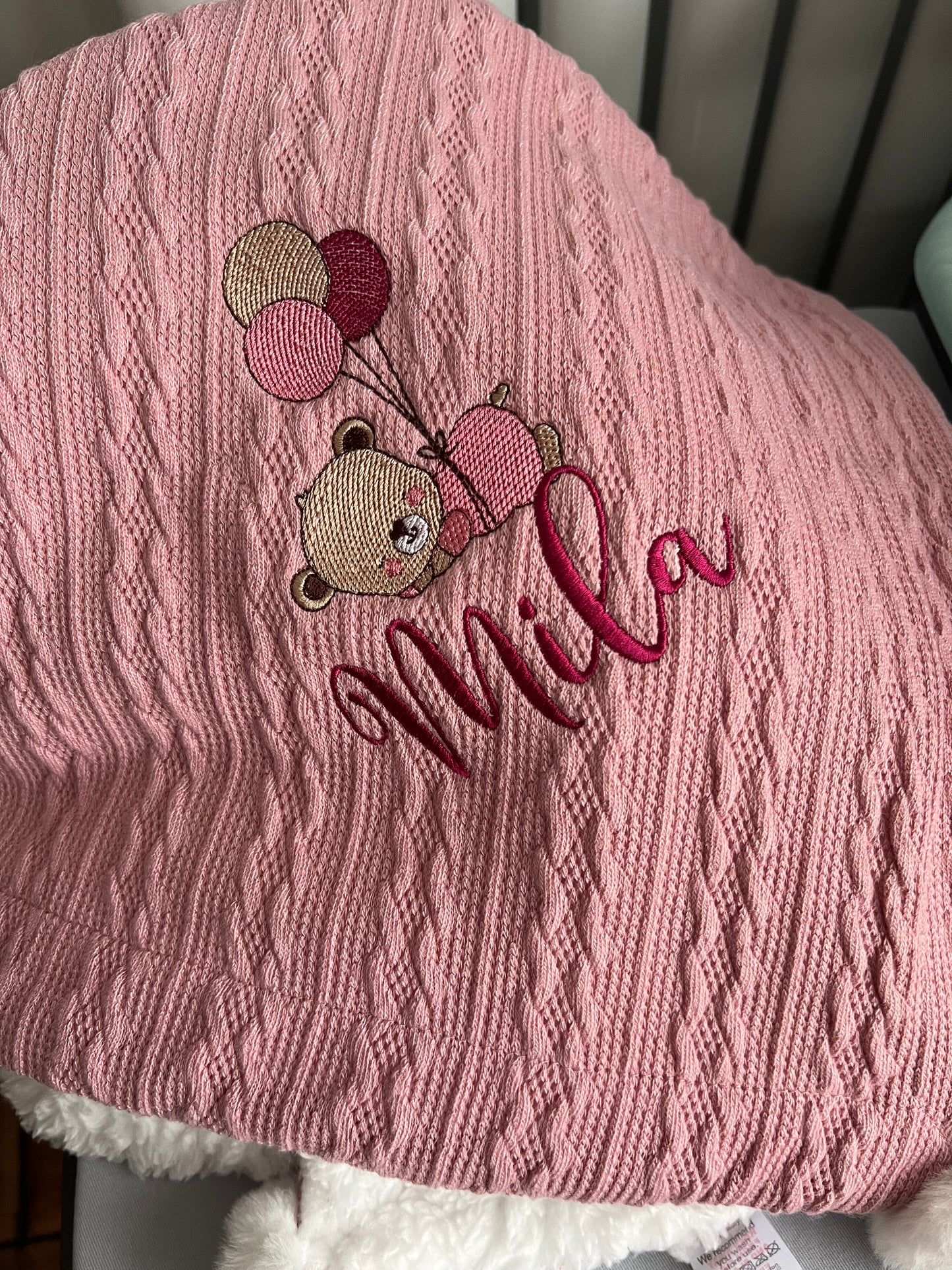 Dusty Pink Bear Cable Knit Blanket with Pom Poms