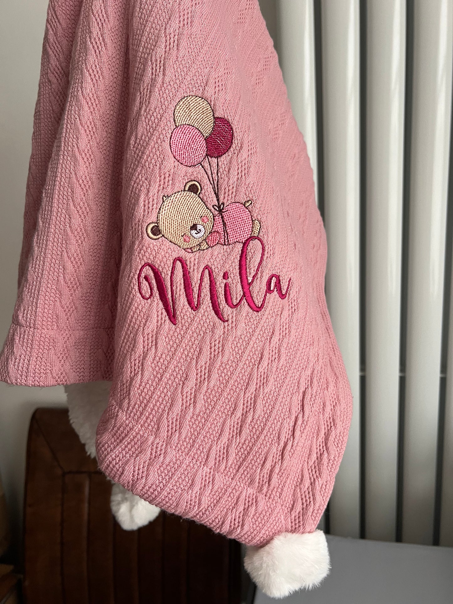 Dusty Pink Bear Cable Knit Blanket with Pom Poms