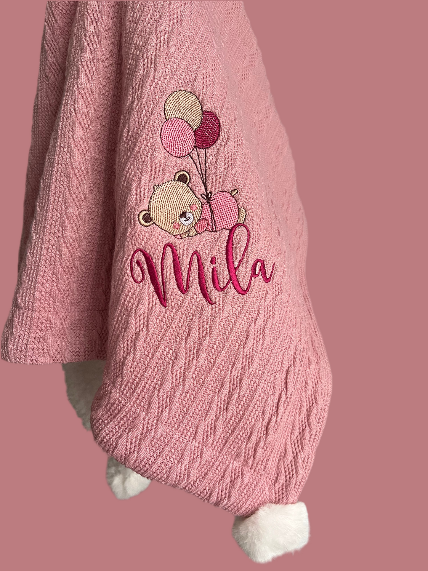 Dusty Pink Bear Cable Knit Blanket with Pom Poms
