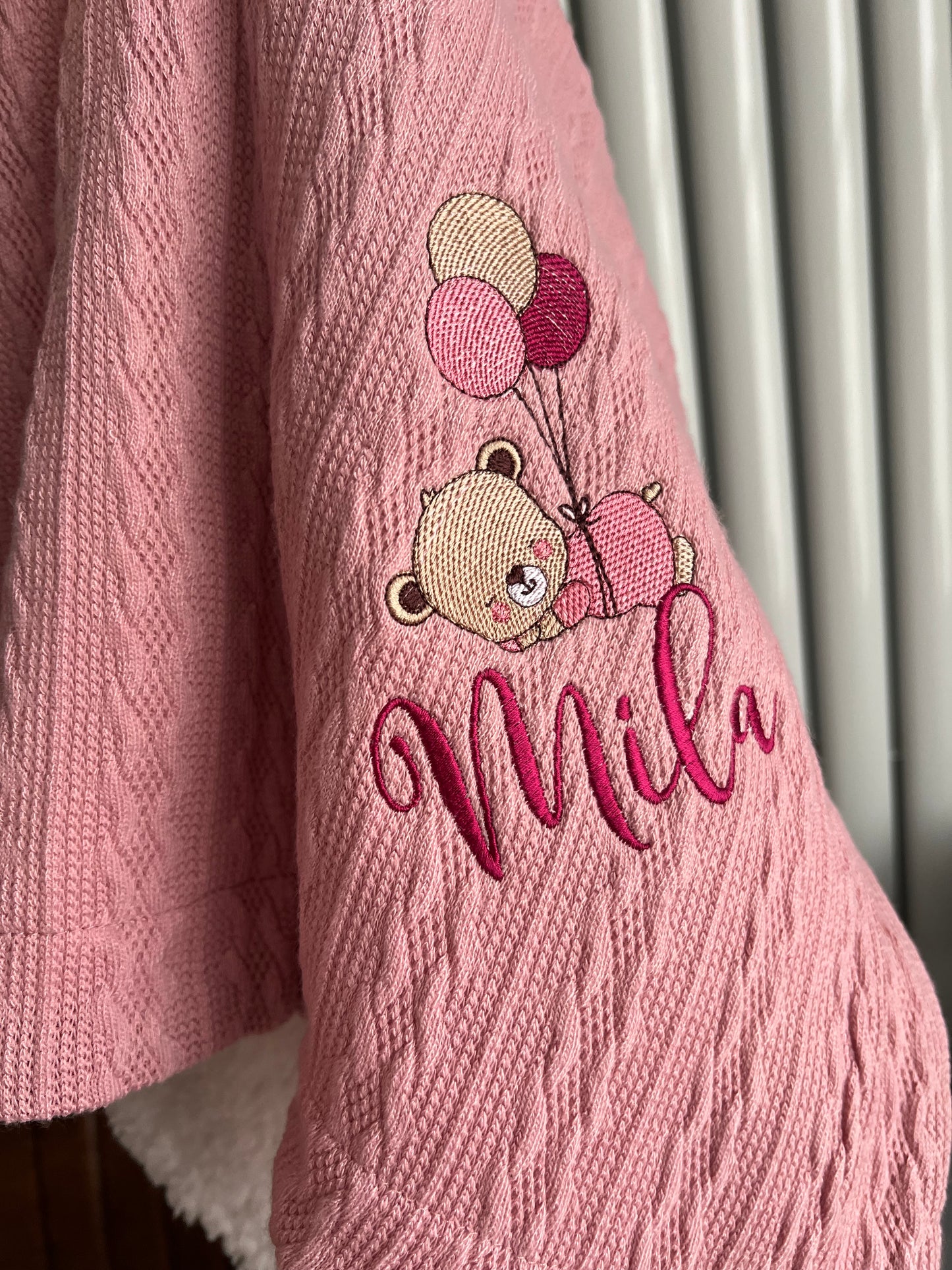 Dusty Pink Bear Cable Knit Blanket with Pom Poms