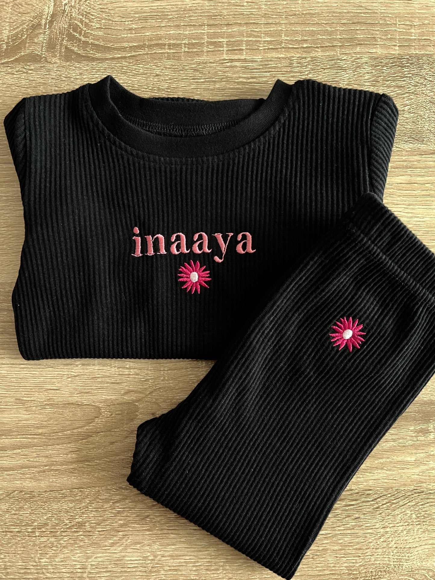 Personalised Black Ribbed PJ Loungewear with Flower