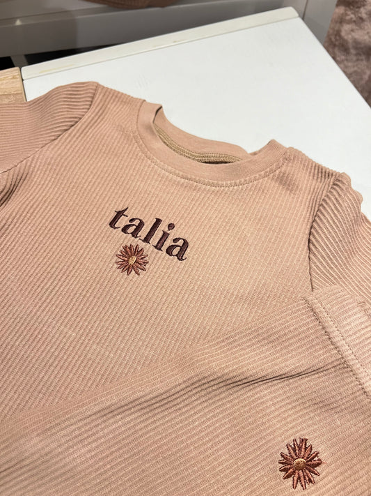 Personalised Beige Ribbed PJ Loungewear with Flower