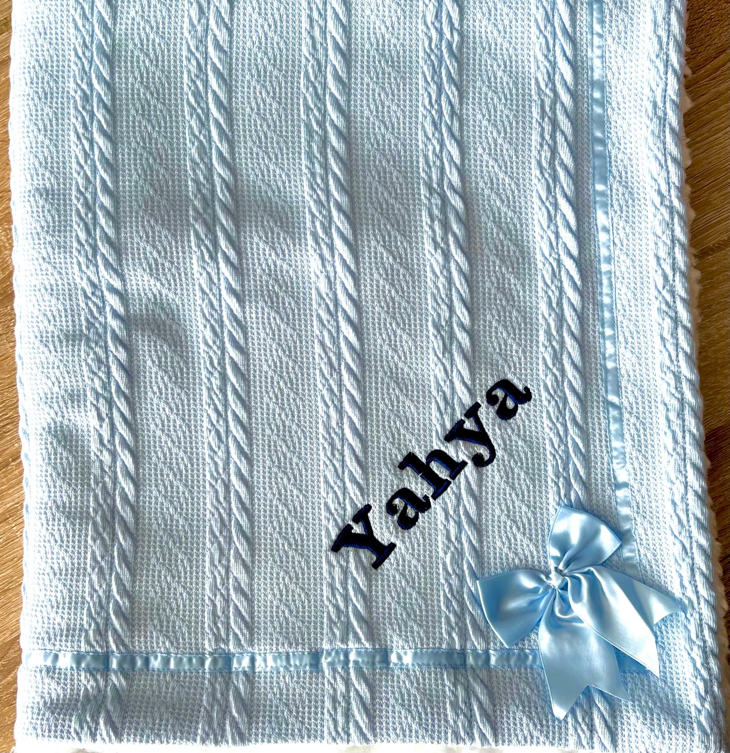 Baby Blue Cable Knit Blanket with Bow