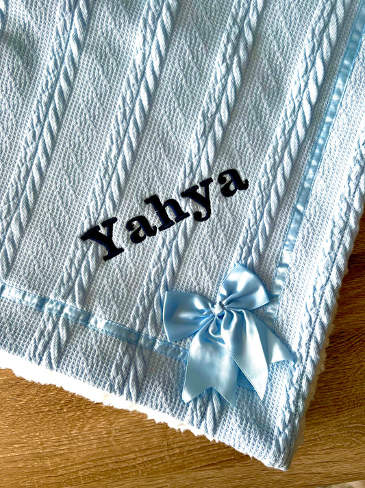 Baby Blue Cable Knit Blanket with Bow