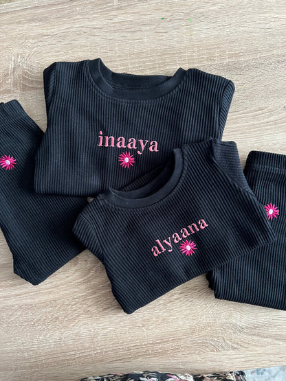 Personalised Black Ribbed PJ Loungewear with Flower