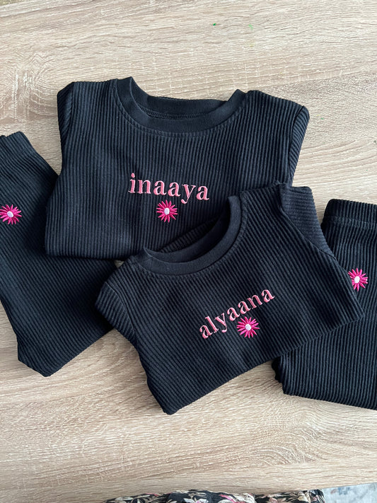 Personalised Black Ribbed PJ Loungewear with Flower