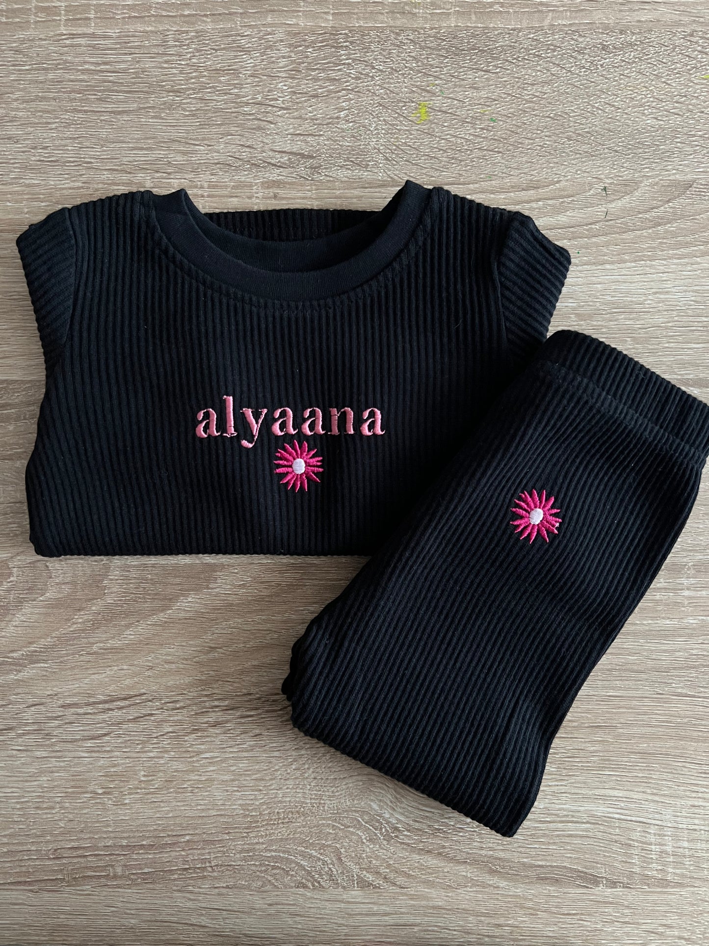 Personalised Black Ribbed PJ Loungewear with Flower