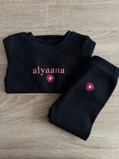 Personalised Black Ribbed PJ Loungewear with Flower