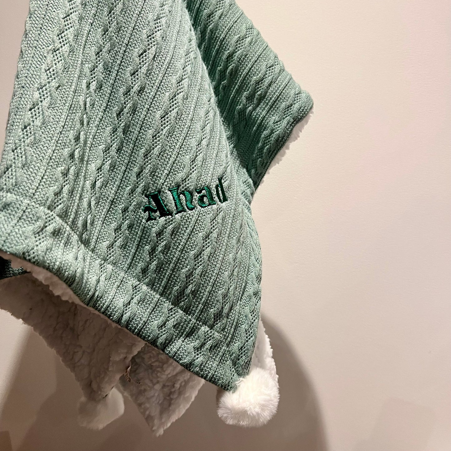 Sage Green Cable Knit Blanket with Pom Poms