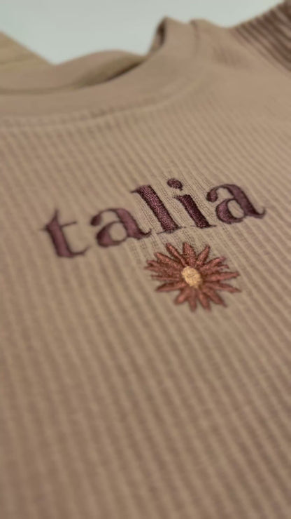 Personalised Beige Ribbed PJ Loungewear with Flower