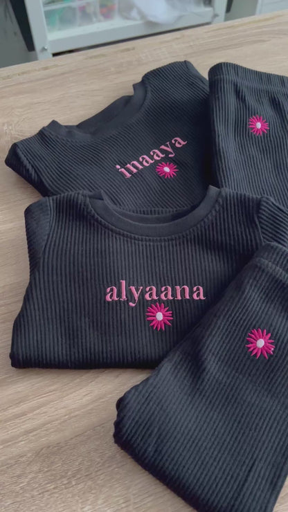 Personalised Black Ribbed PJ Loungewear with Flower