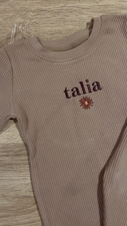 Personalised Beige Ribbed PJ Loungewear with Flower